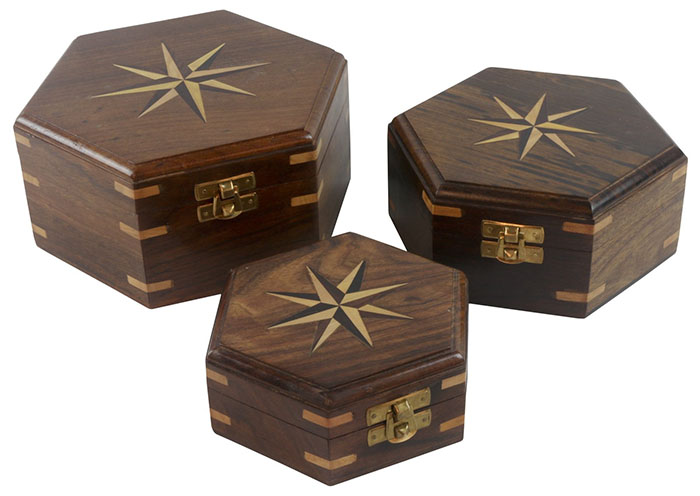 Wooden Set Of 3 Star Design Hexagonal Box - Click Image to Close